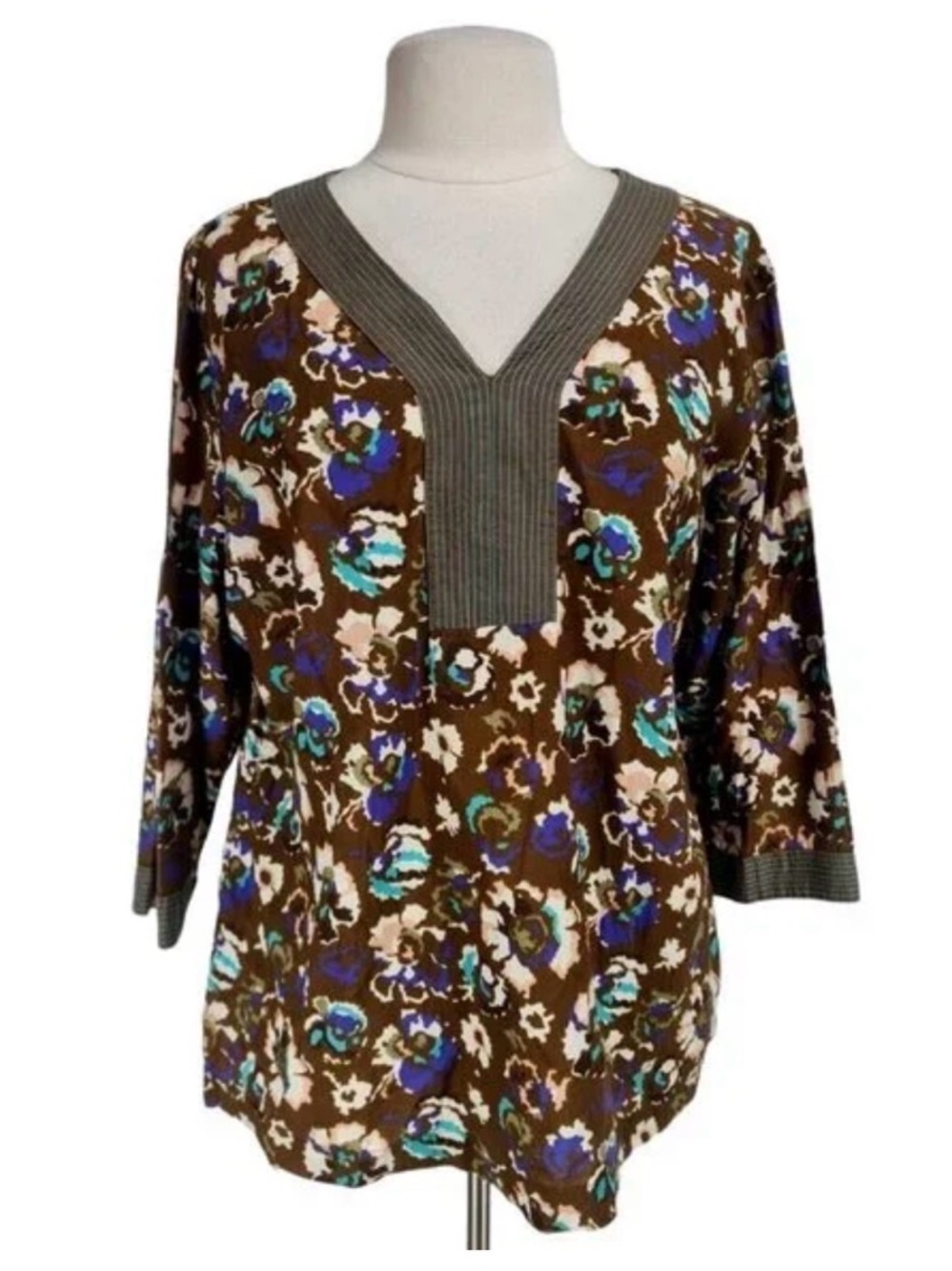 Boden Woman’s Olive Green Trim Floral Tunic Top, Size 8, EUC